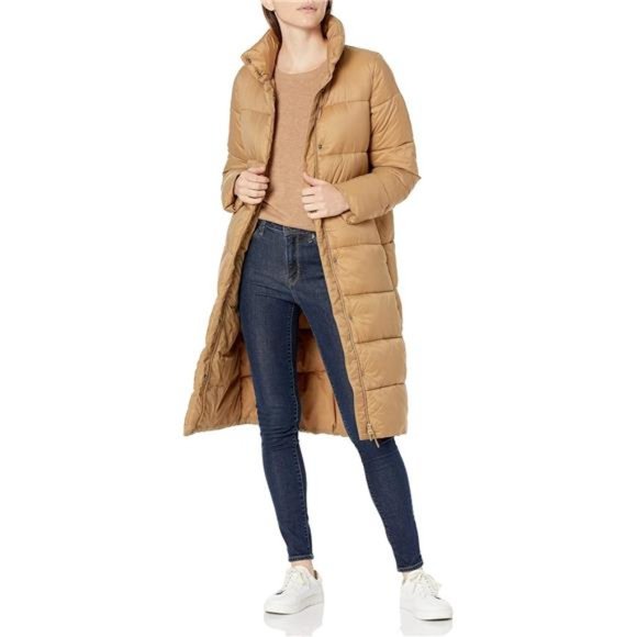 Women's Lightweight Water-Resistant Longer Length Cocoon Puffer Coat, Camel